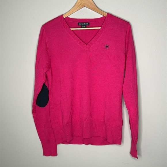 Ariat Women's Wool Blend V-neck Sweater Pink w/Contrast Elbow Patches Size XL - Picture 1 of 7